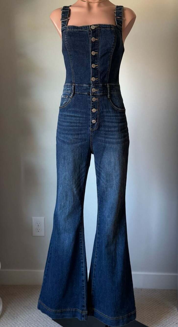 Insane Gene Women's Dark Wash Denim Button-Front Flare Jumpsuit